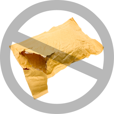 A bubble mailer being crossed out