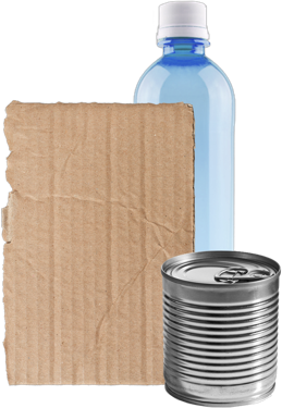 Piece of cardboard, metal can, and plastic bottle